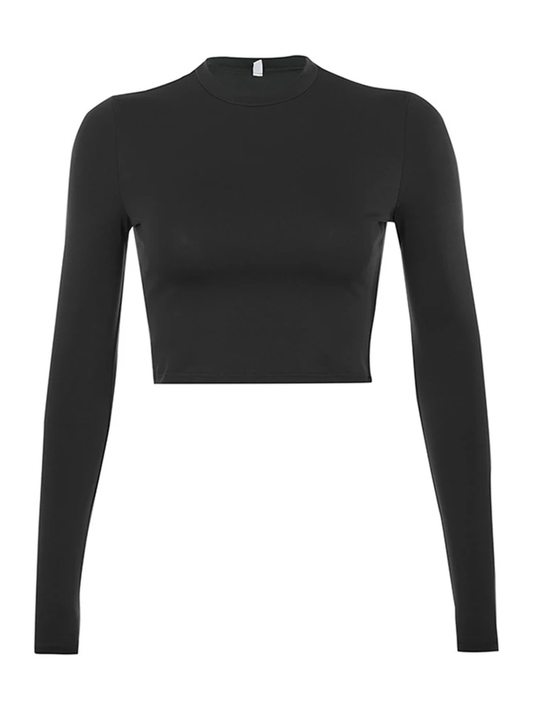 Elane's Solid Basic Long Sleeve Women's T-shirt Casual Black White Fashion Crop Top-Elane